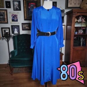 Vintage 80s Andrea Gayle Blue Midi Dress Button Front Long Sleeve Belted 6